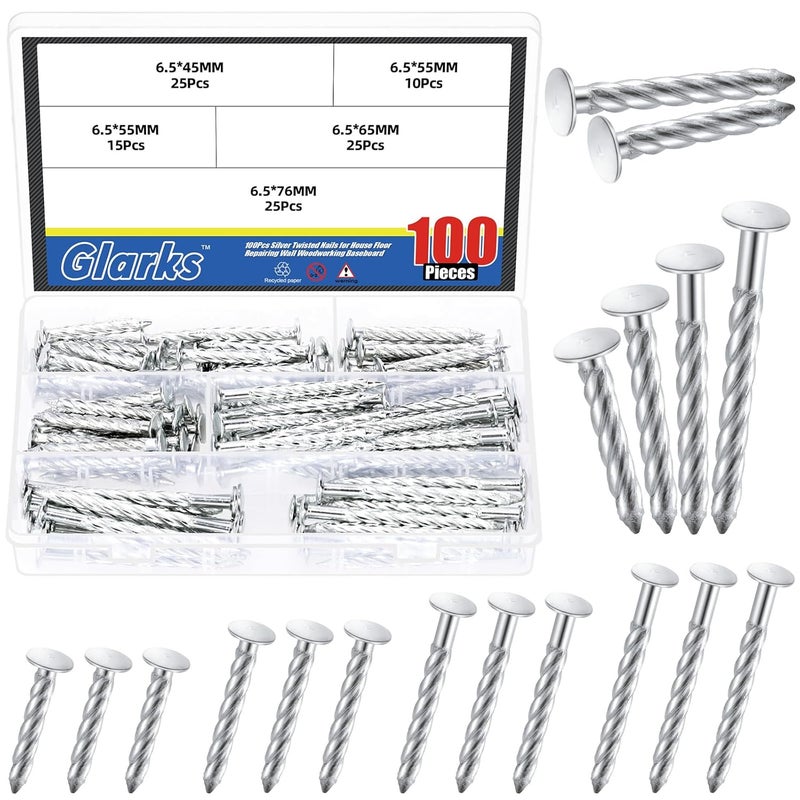 Glarks 100pcs 6.5 x 45/55/65/76mm Thread Twist Nail Kit, Zinc Plated Cement Nails, Steel Nail, Galvanized Solid Nail, Wall Pins Tacks Nails for Cinder Block, Concrete Walls, Cement Board, Woodworking - Image 1